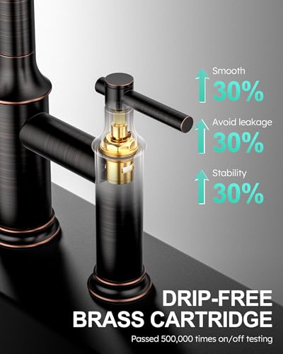 Bridge Faucet Oil Rubbed Bronze: Brass Two Handles Bridge Kitchen Faucet with Pull Down Sprayer - 3 Hole 8 Inch Centerset Kitchen Sink Faucet for Farmhouse RV Laundry, 360° Swivel Spout - color: Oil Rubbed Bronze