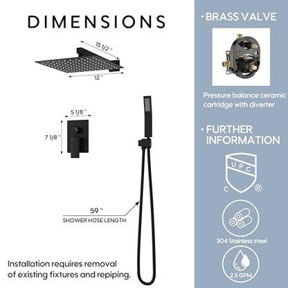 WELLFOR 12-In Wall Mounted Rain Shower Faucet with Single Handle and Handheld Spray, Waterfall Dual Head Shower Head System with 2-way Diverter, Pressure-balanced Valve Included, Matte Black - color: Matte Black, style: Wall Mount 12-Inch