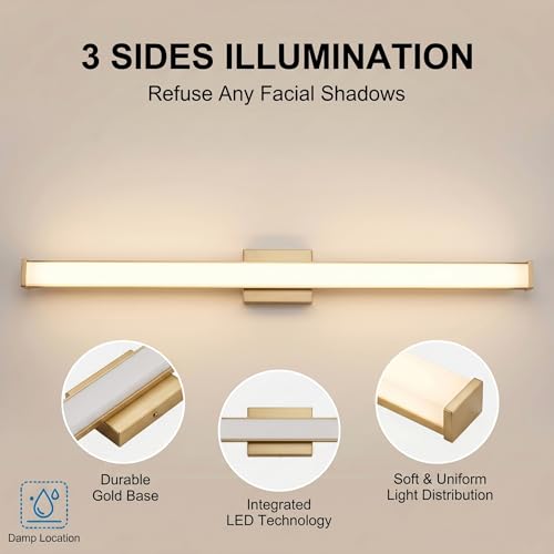 URSOLA 48" Modern LED Bathroom Light Fixtures, Golden 3CCT Dimmable Bathroom Vanity Light Over Mirror, Bathroom Vanity Bath Bar Lights with Double Layer Acrylic Shade - color: Golden, size: 48inch