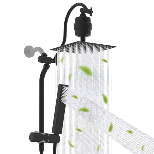 Hibbent All Metal 10'' Filtered Rainfall Shower Head, High Pressure Showerhead combo with 4-mode Handheld Spray, 12'' Extension Arm, Extension Bar with Holder, Shower Filter, Matte Black - color: Matte Black, style: Square 10'' with Filter