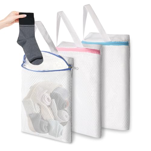 3-Pack Hanging Mesh Laundry Bags with S Hooks, 12x10 Inch | Durable mesh, rustproof S hooks. 3 colors. For socks, delicates, toys, balls. Machine wash. Travel, dorms, sports. - color: 3 PACK, size: 10*12in