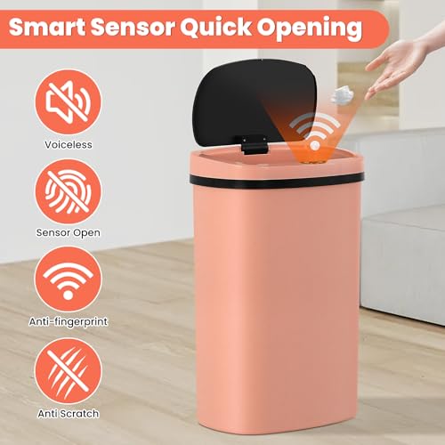 13 Gallon Automatic Kitchen Trash Can with Lid, Touchless Motion Sensor Garbage Can - Hygienic, Odor Control, Waterproof Waste Bin for Kitchen Bathroom Bedroom Office (50L), PP Plastic, Pink - color: Pink