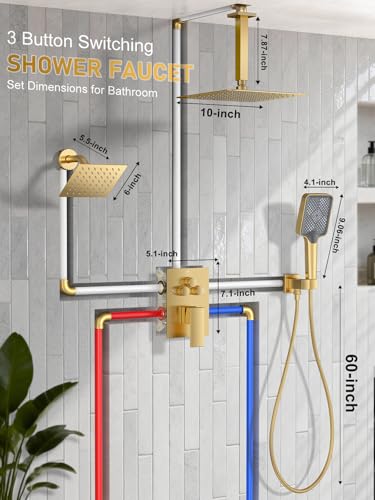 Woindo Shower Faucet Set, 10" Ceiling Mount Rainfall Shower System with 2 Rain Shower Head and Multi-function Handheld Head Push Button Diverter Shower Faucet Trim Kit - color: Brushed Gold, style: 10"-Ceiling-01