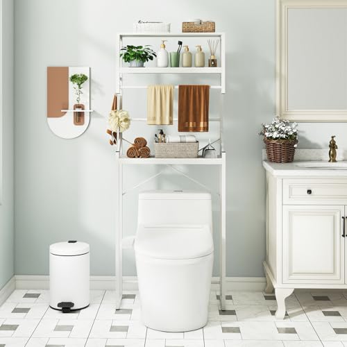 Tangkula 3-Tier Over The Toilet Storage, 64” Tall Bathroom Shelf Space Saver with Hanging Bar, 3 S-Shaped Hooks, Metal Legs, Freestanding Above Toilet Bathroom Organizer for Laundry Room, White
