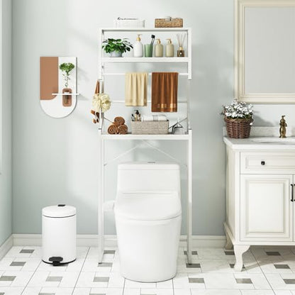 Tangkula 3-Tier Over The Toilet Storage, 64” Tall Bathroom Shelf Space Saver with Hanging Bar, 3 S-Shaped Hooks, Metal Legs, Freestanding Above Toilet Bathroom Organizer for Laundry Room, White