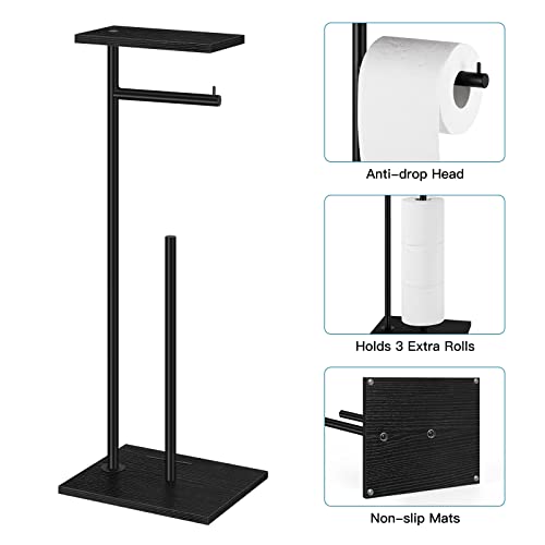 Black Toilet Paper Holder Stand FreeStanding Toilet Paper Storage Holder with Shelf Bathroom Floor Toilet Paper Roll Holder Stand Up Tissue Toilet Paper Dispenser Holds 4 Reserve Rolls - color: Black