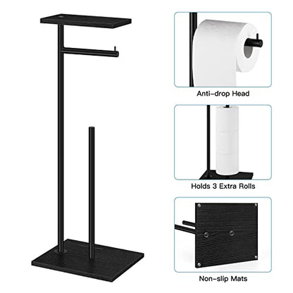 Black Toilet Paper Holder Stand FreeStanding Toilet Paper Storage Holder with Shelf Bathroom Floor Toilet Paper Roll Holder Stand Up Tissue Toilet Paper Dispenser Holds 4 Reserve Rolls - color: Black