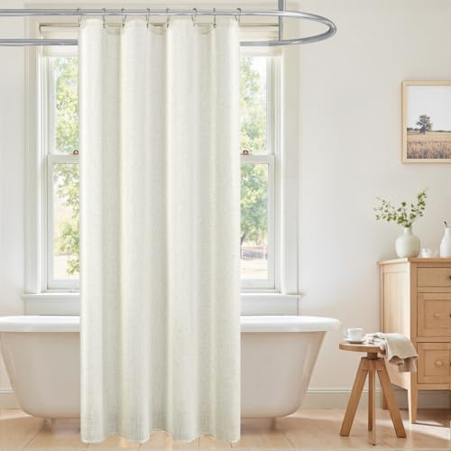 KOUFALL 72 Inch Linen Fabric Shower Curtain for Bathroom, Boho Washable Waterproof Cloth Shower Curtain Set with Hooks, 48x72 Inches Long, Cream Beige - color: Natural, size: 48"W x 72"L (Pack of 1)