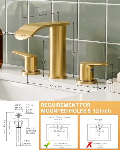 WOWOW Waterfall Bathroom Faucet 3 Holes 8Inch Widespread Bathroom Sink Faucet, Two Handles Lavatory Vanity Sink Faucets with Pop-up Drain & Supply Hoses, Modern Faucet Mixer Taps Gold - color: Gold