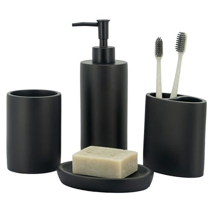 Bathroom Accessory Sets, 4 Pieces Bathroom Accessories Complete Set Vanity Countertop Accessory Set, Includes Lotion Dispenser Soap Pump, Toothbrush Holder and Tray (Matte Black Look Rounded) - color: Matte Black Look Rounded