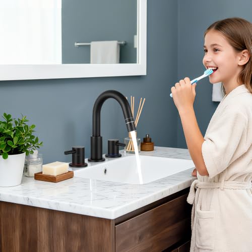 Bathroom Faucet 3 Hole with Pull Down Sprayer Matte Black, 2-Handle | Lead-free stainless steel, pop-up drain, 360°swivel, 8-inch widespread Faucet for RV/vanity sink, 3-hole mount - color: 2-Matte Black, style: 8 Inch Pull Down