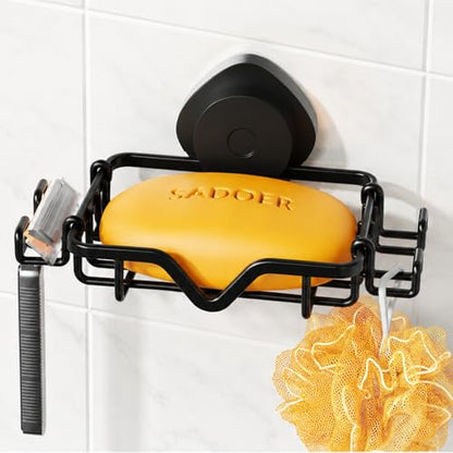 KEGII Soap Holder Dish with Suction Cup and Razor Holder & Hooks, Stainless Steel Rustproof Bar Suction Soap Tray for Shower Wall, Bathroom, Kitchen, Drill-Free, Black | Rustproof Stainless Steel Soap Tray for Shower Walls, Drill-Free Installation with Wa