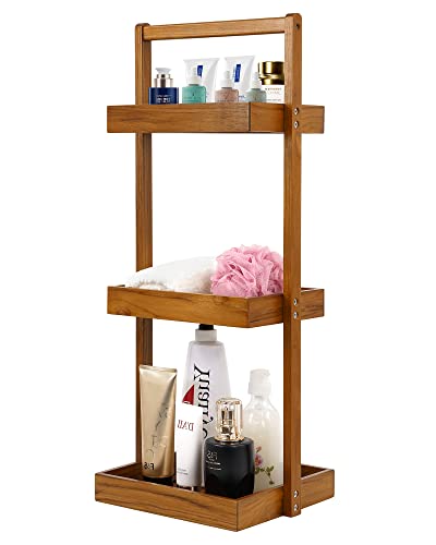 Utoplike Teak Shower Caddy Shelf, Freestanding Racks for Bathroom Corner | Standing Shower Organizer, Wooden Storage for Inside Shower, Bath, Office, Stand Up 3 Tier Kitchen Desktop Organization - color: 3 tier Large