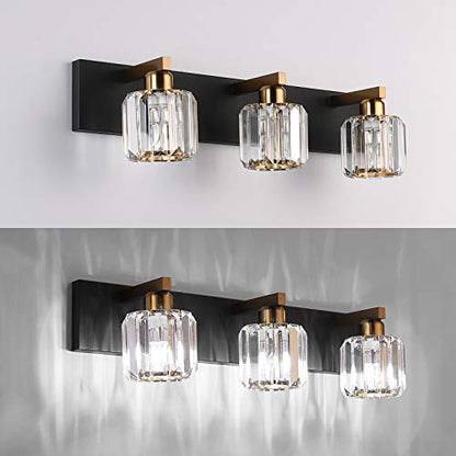 Aipsun Crystal Vanity Light Black Bathroom Vanity Lighting Fixtures 3 Lights Modern Vanity Light for Bathroom (Exclude Bulb) - color: Black Gold (Round), size: 23 inch