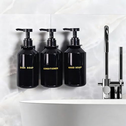 Wall Mounted Shampoo Dispenser for Shower, 3 Chamber 16.9 fl oz Each, 4CC Pump Soap Dispenser for Bathroom, Glossy Black Shampoo and Conditioner Dispenser with Crystal Labels (Black) - color: Black