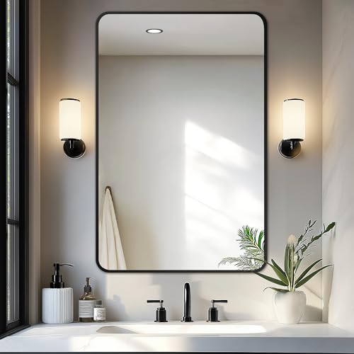 Bathroom Vanity Mirror, Black Framed Mirror for Over Sink, 36x24 | HD glass, distortion-free for makeup and grooming, Sturdy frame, all mounting hardware, hangs horizontal or vertical - color: Rect Black, size: 36"L x 24"W