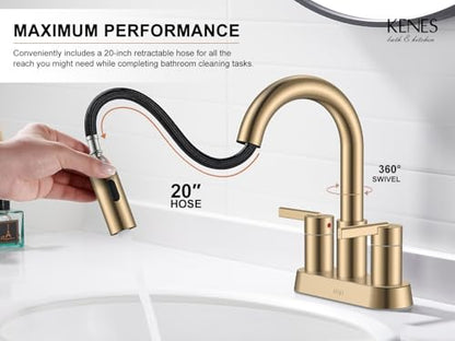 Champagne Bronze Pull Down Centerset Bathroom Faucet 4 Inch 2 Handle | Pull Out Bathroom Faucet with Pop Up Drain & Supply Lines, Lead-Free cUPC & NSF Certified, 3 Hole Faucet for Vanity RV Bar - color: Champagne Bronze