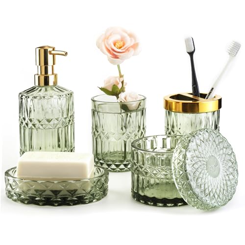 Bathroom Accessory Set 5 Pcs, Glass Bathroom Set Include Soap Dish, Toothbrush Holder, Mousewash Cup, Soap Dispenser, Cotton Swab Jar, Green - color: Green, style: 5 Pack