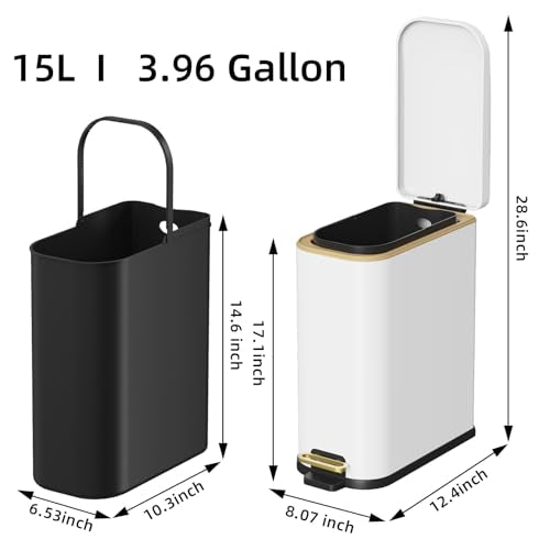 KdbK Bathroom Trash Can with Soft Close Lid, 15L/ 4 GallonRectangular Trash Can with Removable Wastebasket, Step Pedal, Slim Wastebasket for Bedroom, Home Office,White - color: white