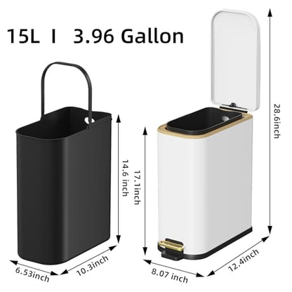 KdbK Bathroom Trash Can with Soft Close Lid, 15L/ 4 GallonRectangular Trash Can with Removable Wastebasket, Step Pedal, Slim Wastebasket for Bedroom, Home Office,White - color: white