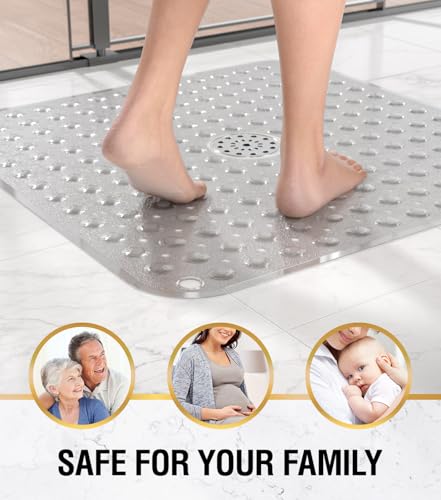 HITSLAM Square Shower Mat, Non Slip PVC Stall Mat, 24"x24", Grey | Power Grip Suction Cups, Center Drain Hole, Built-In Hanging Holes, Machine Washable Bathroom Floor Mat, Soft On Feet - color: Smoke Grey