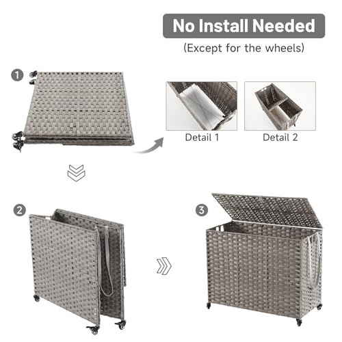Laundry Hamper with Wheels, 52.8 Gallon(200L) Rolling Laundry Basket with Lid, Removable Large 3 Color Liners & 3 Mesh Laundry Bags, Clothes Hamper with Side Pocket, Grey - color: Grey, size: 31.5"L x 15.75"W x 25.6"H