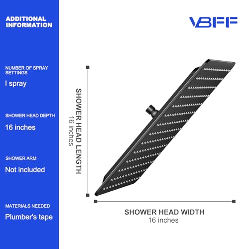 VBFF-Shower Head,rain shower head, 16 inch- Square Shower Head, 1.8 GPM Flow Rate, rainfall showerhead,VBFF10 (Matte Black) - color: Matte Black, size: 16 Inch