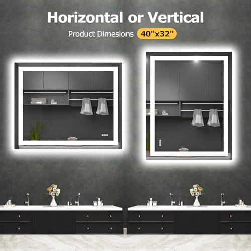 Hivone 40"X32" LED Bathroom Mirror with Lights, Anti-Fog, Dimmable, Backlit + Front Lit, Smart Bathroom Vanity Mirror, Memory Function, Shatterproof, Tempered Glass (Horizontal/Vertical) - size: 32"L x 40"W