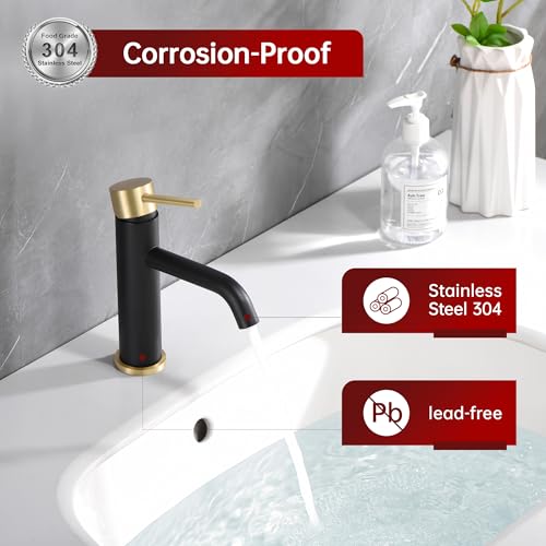 SUMERAIN Modern Single Handle Bathroom Sink Faucet, Black and Gold | Single Hole, Lead-Free, Stainless Steel, with Faucet Supply Lines, Easy DIY Install - color: Black and Gold, size: Undermount Sink faucet