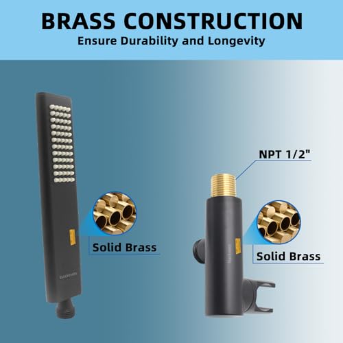 Solid Brass Handheld Shower Head Arc Design High Pressure Matte Black Hand Shower Wand with Adjustable Supply Elbow Wall Connector Shower Holder and 59″ Stainless Steel Hose Set - color: Matte Black