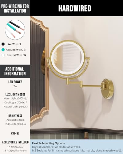 10" Double-sided Wall Mounted Makeup Mirror with Light and Magnification 5X | 3 Color LED Touch Dimmable Memory Function, Bathroom Vanity Extendable Swing Arm Gold, Direct Wire, Brushed Moderne Brass - color: Brushed Moderne Brass