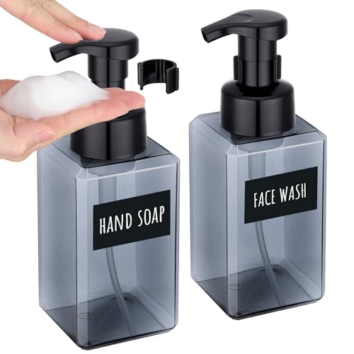 Segbeauty Empty Foam Soap Dispenser Pump Bottles 15.2oz 2pcs, Refillable Foaming Hand Soap Dispenser, 450ml Gray Foam Bottle with Waterproof Stickers, Plastic Square Liquid Foaming Container BPA Free - color: Gray, style: 2pcs 15.2oz