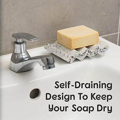 Tapeera Zig Zag Terrazzo Self Draining Soap Dish for Shower - Concrete Soap Saver for Bar Soap Holder - Sponge Holder - Kitchen Soap Tray (White) - color: White