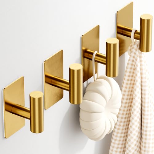 GWAAZXGZ Wall Towel Hooks, Heavy Duty Adhesive Hooks(Gold, 4 Pack) | Self-Adhesive, Stainless Steel, Rust Resistant, No Drill, Easy Install, Space Saving - color: Gold, size: 4 Pack