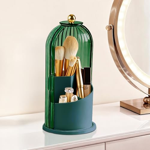 Makeup Brush Holder 360° Rotating Countertop Organizer with Lid (Green) | Transparent Sealed Lid, Waterproof, 3 Compartments, 180° Side Pull Door, for Vanity Makeup Brushes & Bathroom Toothbrushes - color: Green