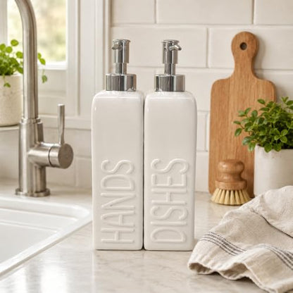 Ceramic Dish and Hand Soap Dispenser Set, 2 Pack with Stainless Steel Pump | Refillable bottles with an included funnel for easy refills and daily use, adding a stylish touch to kitchens and bathrooms. - color: Matte White, Silver Pump