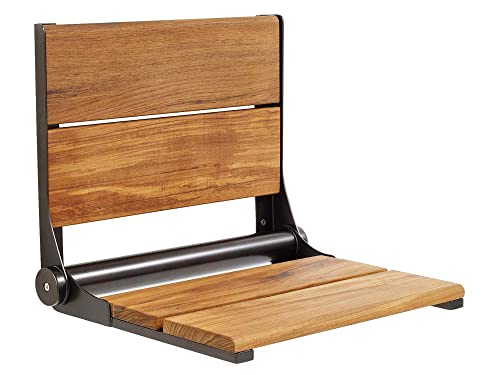 Folding Shower Seat Wall Mounted with Back | 500 lbs Maximum Load Capacity | ADA Compliant Safety Assist Teak Shower Seat for Seniors, Handicapped, and Children | 304 Stainless Steel Frame | 26” x 16” - color: Oil Rubbed Bronze, Teak, size: 26" x 16"