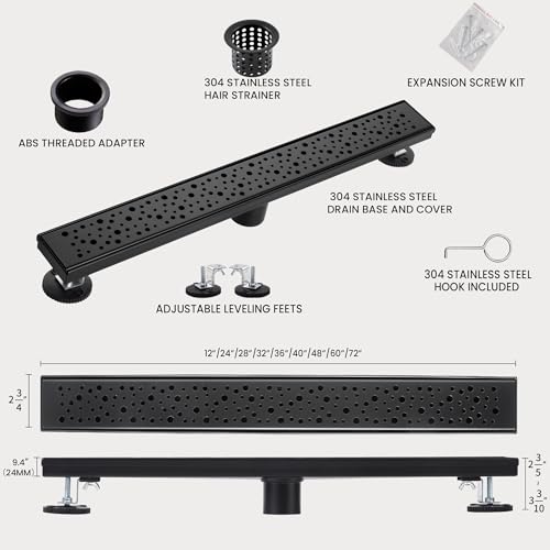 Linear Shower Drain, 36 inch Matte Black | Including Hair Catcher and Removable Grate, 304 Stainless Steel, Easy to Install and Clean (Drain Base Not Included) - color: Matte Black, size: 36 inch