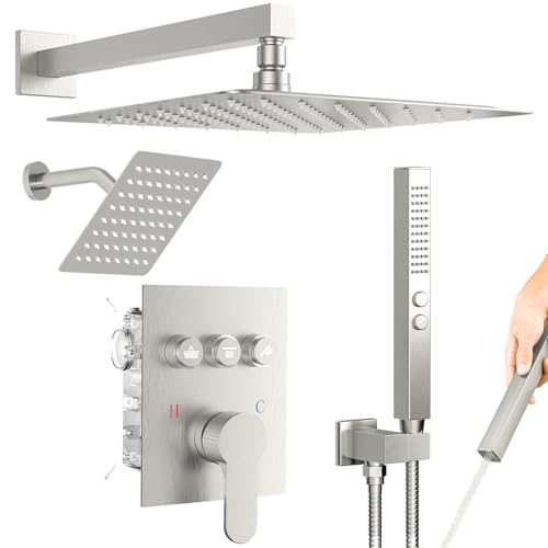 Shower System Dual Head，STARBATH 12+6" Rainfall Shower Head and Handheld Spray, Wall Mounted 3 Way Shower Faucet Set with Push Button Pressure Balance Valve and Trim Kit Brushed Nickel - color: Brushed Nickel, size: 6+12 inch-08