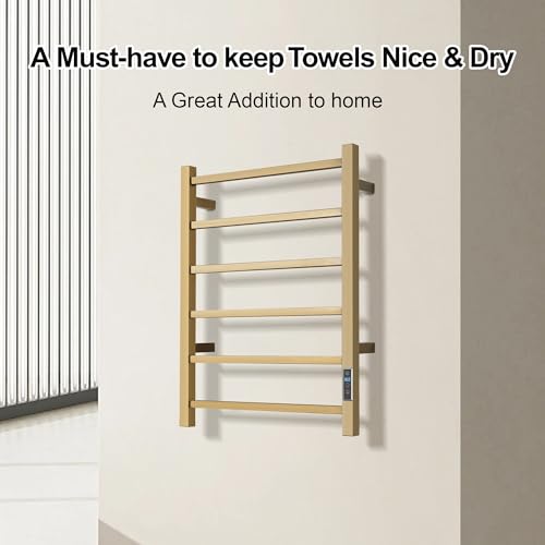 Electric Heated Towel Warmer - Wall Mounted Bathroom Towel Rack, Plug-in Design & Gold Brushed Stainless Steel 6 Bar Gold with Timer & Temperature Control - color: Square Gold With Timer, size: 6 Bar