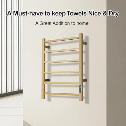 Electric Heated Towel Warmer - Wall Mounted Bathroom Towel Rack, Plug-in Design & Gold Brushed Stainless Steel 6 Bar Gold with Timer & Temperature Control - color: Square Gold With Timer, size: 6 Bar