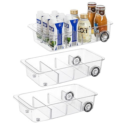Roll-Out Refrigerator Organizers and Storage, 3 Pack Drawer Fridge Bins | Rolling Fridge Caddy, Silicone Wheels, Adjustable Dividers, Plastic Refrigerator Tray, for Fridge, Pantry, Bathroom & Kitchen - size: 3pack