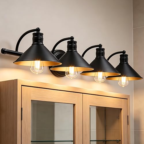 4 Light Bathroom Vanity Light Over Mirror - Black and Gold Farmhouse Wall Light for Bathroom Vanity Powder Room, Rustic Goose Neck Barn Style 4 Bulb Wall Sconce Over Kitchen Sink - color: Black and Gold, size: 4-Light
