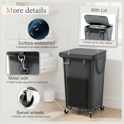 Homedepal 160L Rolling Laundry Basket with Wheels & Removable Bag - Easy‑Move Hamper for Bathroom and Laundry Room (160L Black) - color: 160L Black with Cover
