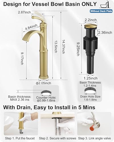 Tall Vessel Sink Faucet, Brass Waterfall Bathroom Sink Faucet Single Handle, Gold Bathroom Faucet 1 Hole, Tall Bathroom Faucets with Pop-Up Drain Water Supply Hoses - color: Brushed Gold