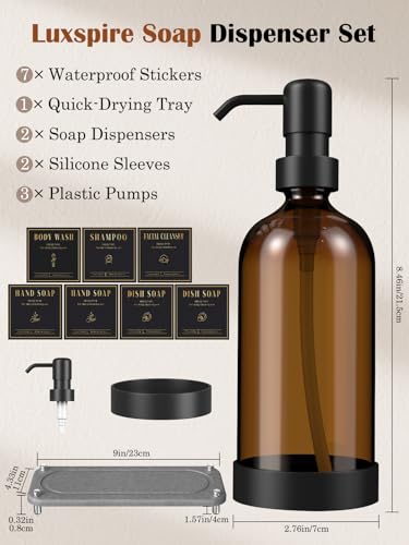Luxspire 17 oz Glass Liquid Soap Dispenser Set, Amber + Dark Gray, 2 Pack | Anti-drip pump, wide mouth easy refill, non-slip silicone base, 7 waterproof labels, refillable glass for hand dish soap - color: Brown+gray