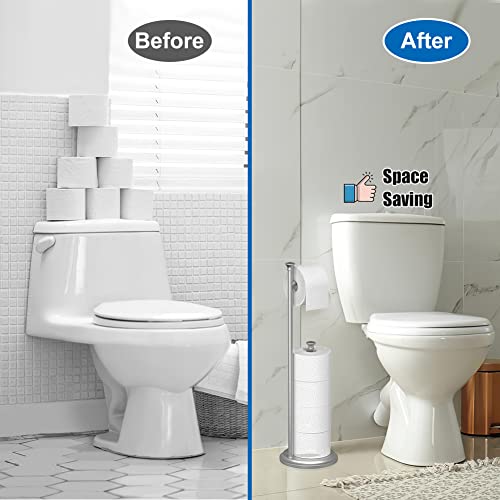 Free Standing Toilet Paper Holder Stand Brushed Nickel Toilet Roll Stand Bathroom Tissue Rack with Storage Reserves 5 Mega Rolls - color: B-brush Nickel