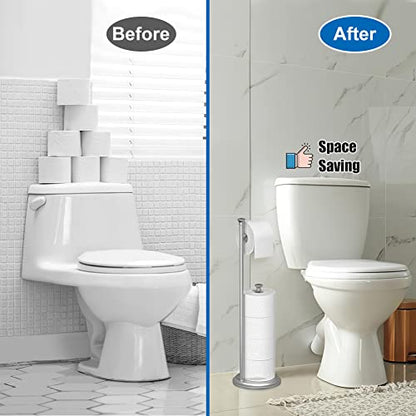 Free Standing Toilet Paper Holder Stand Brushed Nickel Toilet Roll Stand Bathroom Tissue Rack with Storage Reserves 5 Mega Rolls - color: B-brush Nickel