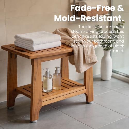 NNN 24" Home Teak Shower Bench with Japan-Made Non-Slip Leveling Feet | US Patented Design, Marine-Grade Hardware, Pre-Oiled European Teak Oil, Ready, 300lb, for Showers Spa Sauna & Outdoor Pools - size: 24"W x 13" Dx 18"H