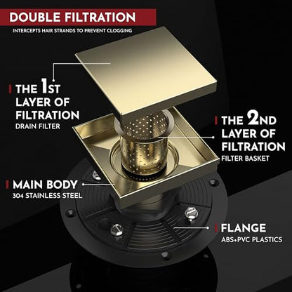 4 Inch Square Shower Drain Gold Floor Drain with Flange Reversible 2-in-1 Cover Tile Insert Grate Removable SUS304 Stainless Steel CUPC Certified Brushed Gold - color: Brushed Gold, size: 4 Inch